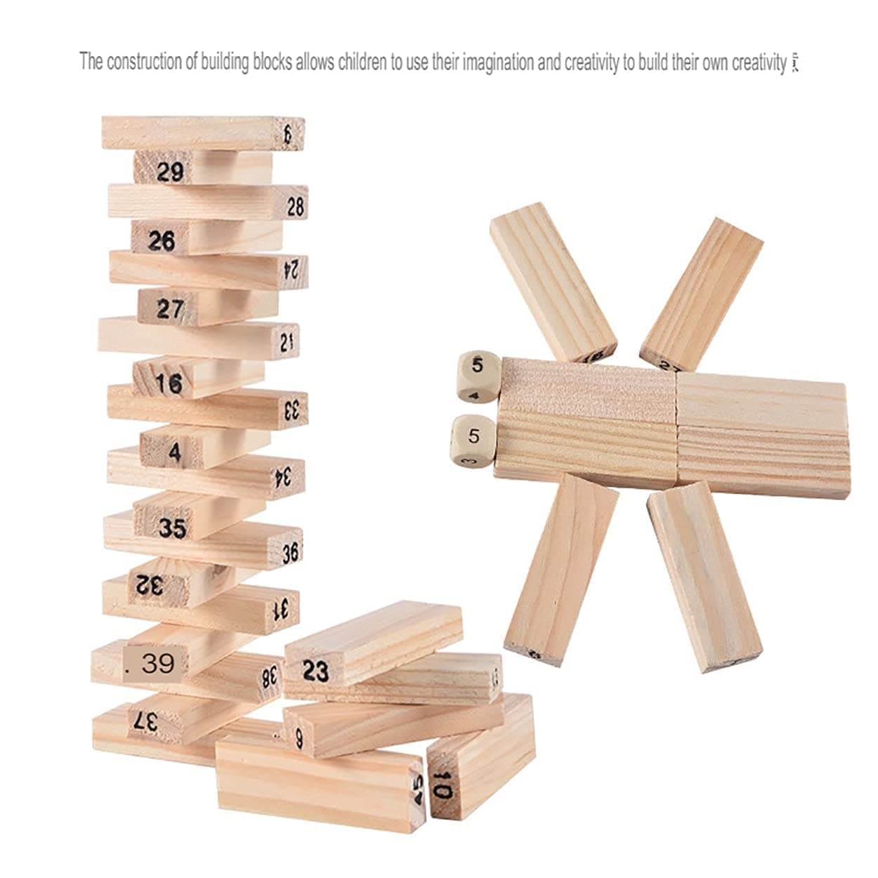 PRIME DEALS Wooden Blocks 51 Pcs 4 Dice Building Blocks Game Challenging Wooden Tumbling Tower, Wooden Stacking Toys with Dices Board Educational Puzzle Game for Adults and Kids (Wooden) — view 3