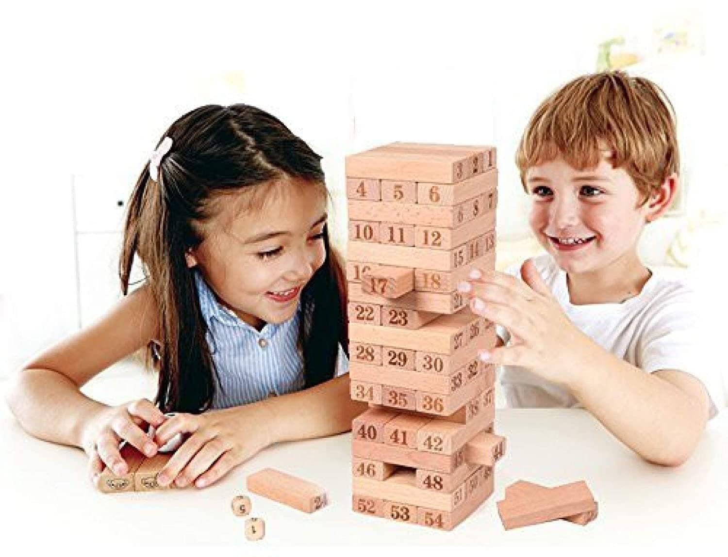 PRIME DEALS Wooden Blocks 51 Pcs 4 Dice Building Blocks Game Challenging Wooden Tumbling Tower, Wooden Stacking Toys with Dices Board Educational Puzzle Game for Adults and Kids (Wooden) — view 5