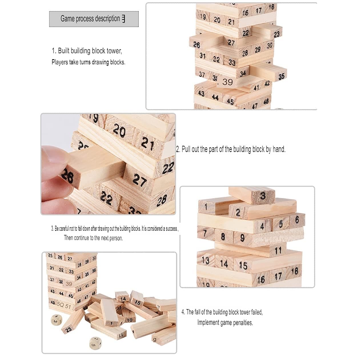 PRIME DEALS Wooden Blocks 51 Pcs 4 Dice Building Blocks Game Challenging Wooden Tumbling Tower, Wooden Stacking Toys with Dices Board Educational Puzzle Game for Adults and Kids (Wooden) — view 8