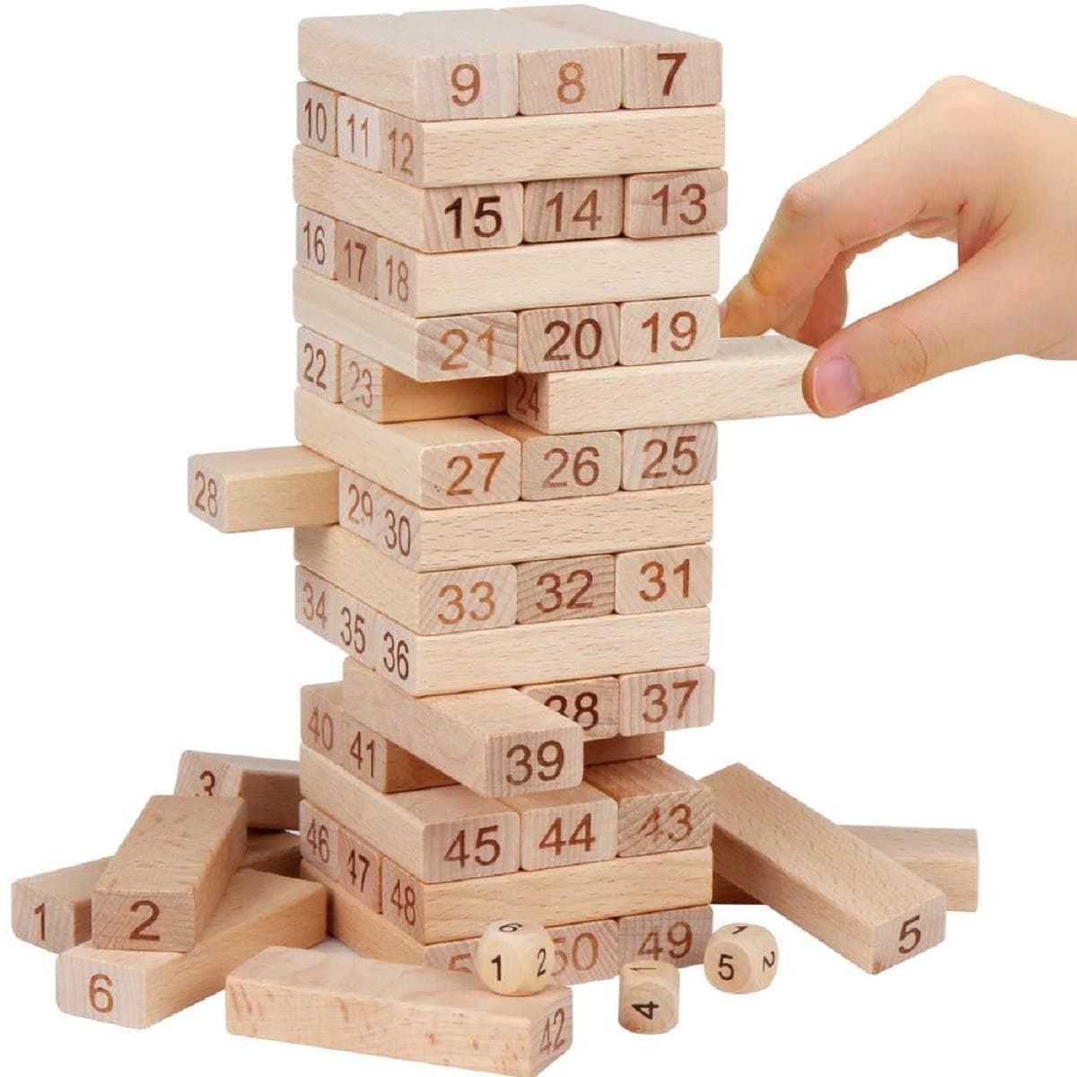 PRIME DEALS Wooden Blocks 51 Pcs 4 Dice Building Blocks Game Challenging Wooden Tumbling Tower, Wooden Stacking Toys with Dices Board Educational Puzzle Game for Adults and Kids (Wooden) — view 10