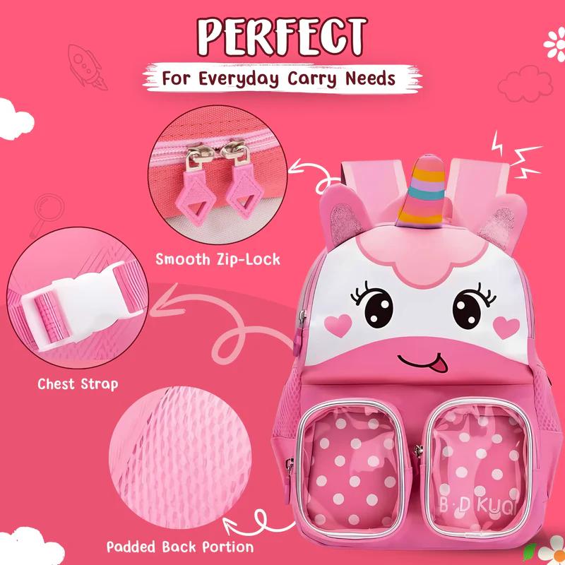 Trendy Unicorn Printed Cartoon Character Backpack for Kindergarten - Fun, Durable, Spacious with Front Pockets - Yellow
