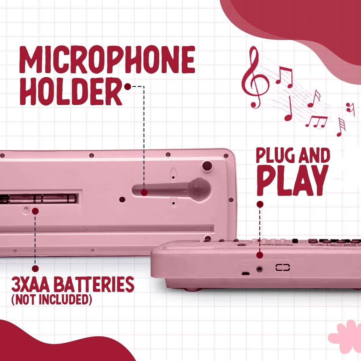 Musical Piano Keyboard, Pink, 37 Keys with Microphone, 8 Rhythms and Tones, USB Powered, Recording Function, Educational Musical Toy for Children 18 Months to 5 Years