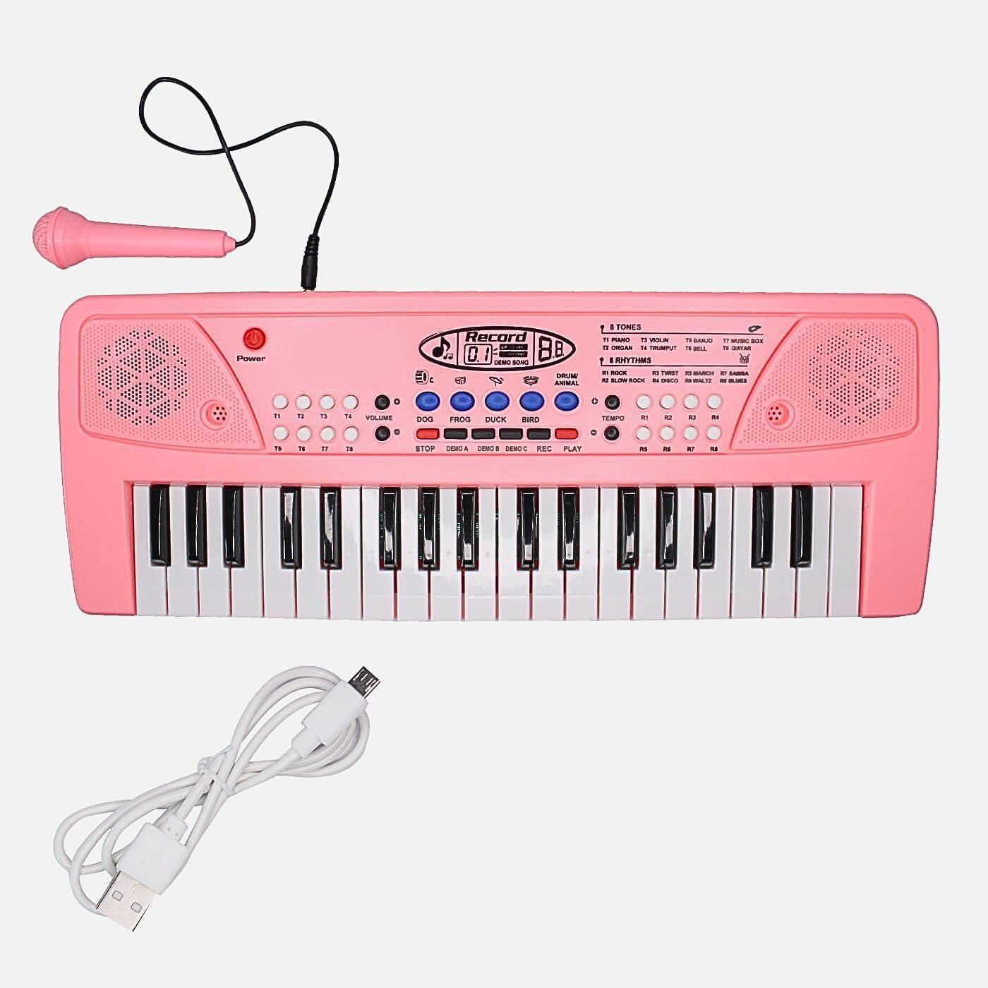 Musical Piano Keyboard, Pink, 37 Keys with Microphone, 8 Rhythms and Tones, USB Powered, Recording Function, Educational Musical Toy for Children 18 Months to 5 Years
