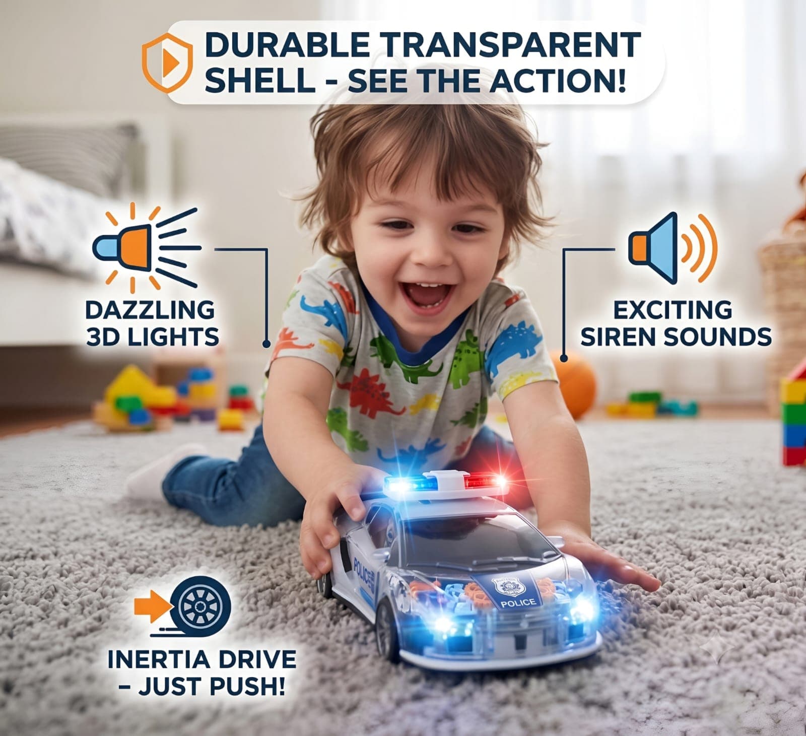 Kidoyz Battery-Operated Police Car | Friction Powered Push & Go | Dynamic Lights & Sounds | Safe Plastic Vehicle for Kids 3+ Years — view 2