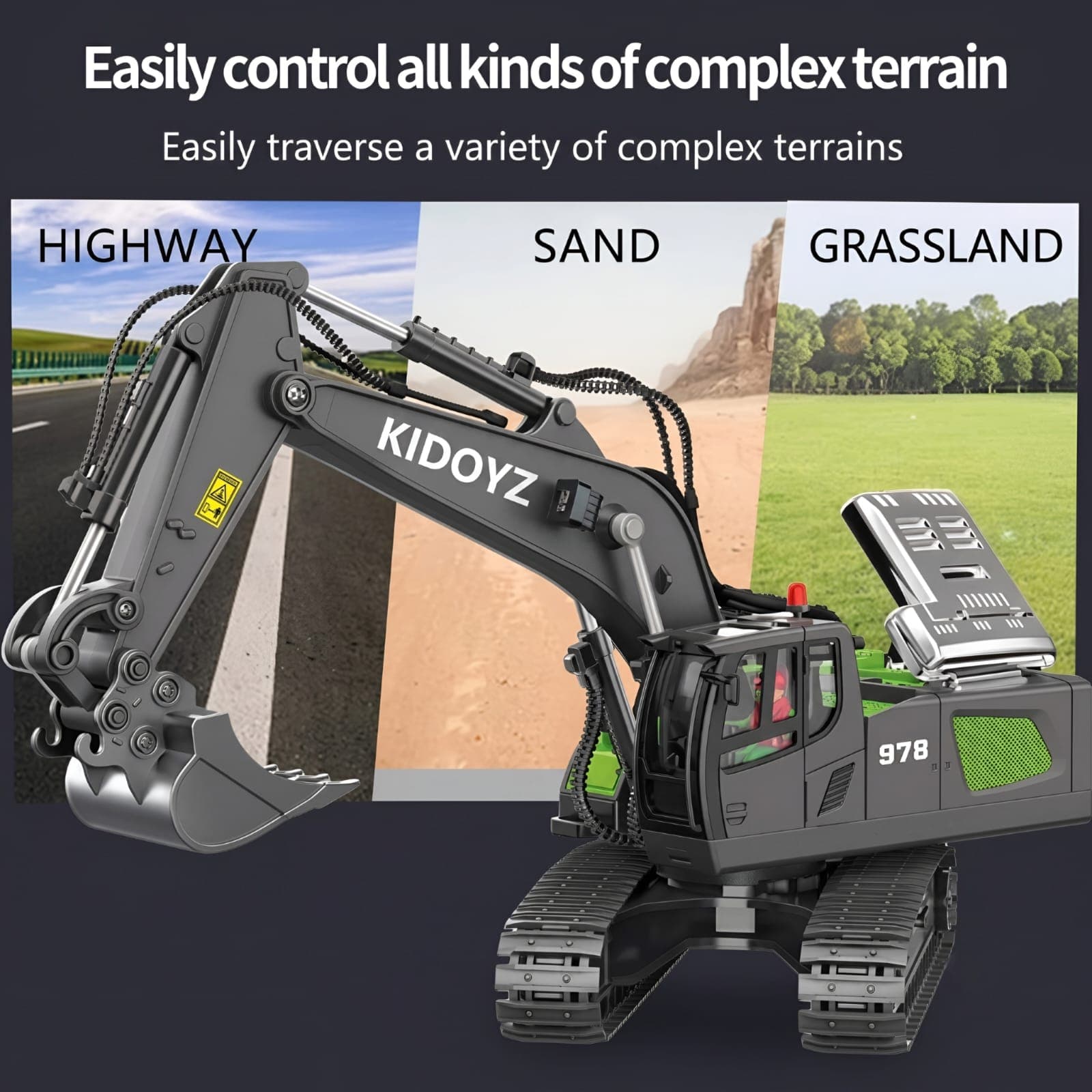 Kidoyz 11-Channel RC Excavator Toy – Green Remote Control Sand Digger with Metal Shovel & 680° Rotation — view 4