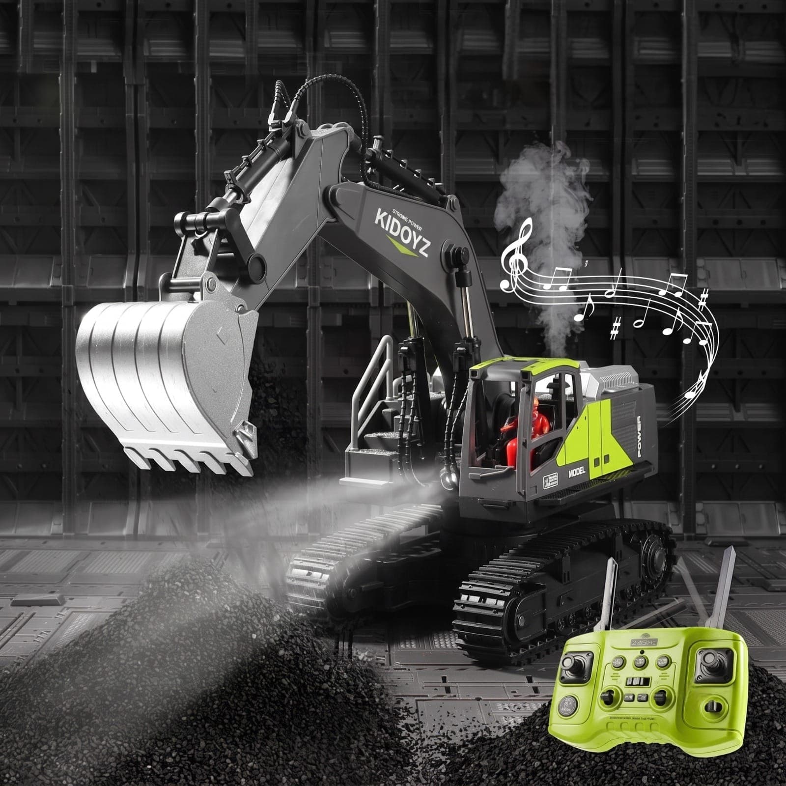 Kidoyz 11-Channel RC Excavator Toy – Green Remote Control Sand Digger with Metal Shovel & 680° Rotation — view 6