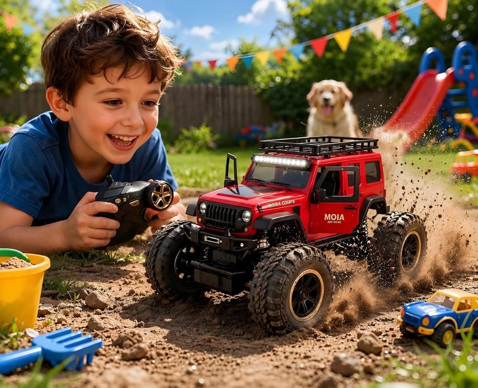 KIDOYZ RC Monster Truck 4WD Off Road Remote Control Car for Kids | All-Terrain Capable (Rock, Sand, Grass, Road) | 4-Wheel Drive Toy Vehicle with Rechargeable Battery, Bold Red Finish — view 4