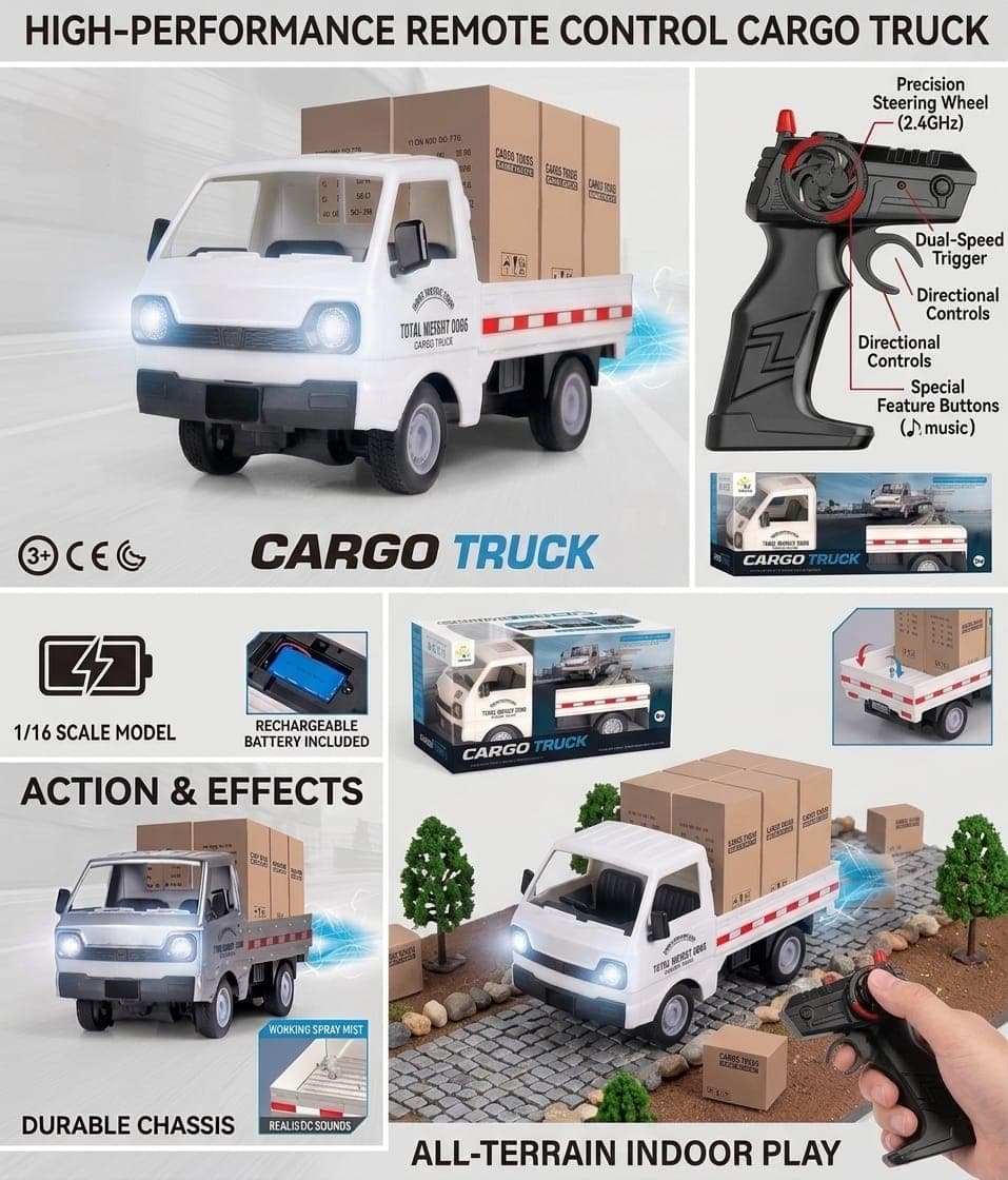 KIDOYZ Mini Hauler 1:16 Scale Remote Control Kei Truck – 2.4GHz All-Terrain RC Transport Pickup Truck with Water Spray & LED Headlights, Rechargeable Off-Road Cargo Toy Car for Kids, Teens & Adults (White) — view 4