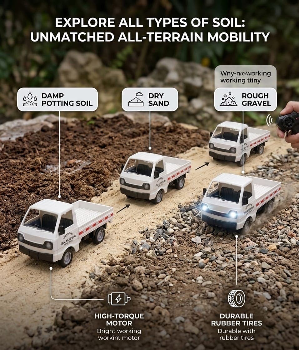 KIDOYZ Mini Hauler 1:16 Scale Remote Control Kei Truck – 2.4GHz All-Terrain RC Transport Pickup Truck with Water Spray & LED Headlights, Rechargeable Off-Road Cargo Toy Car for Kids, Teens & Adults (White) — view 5