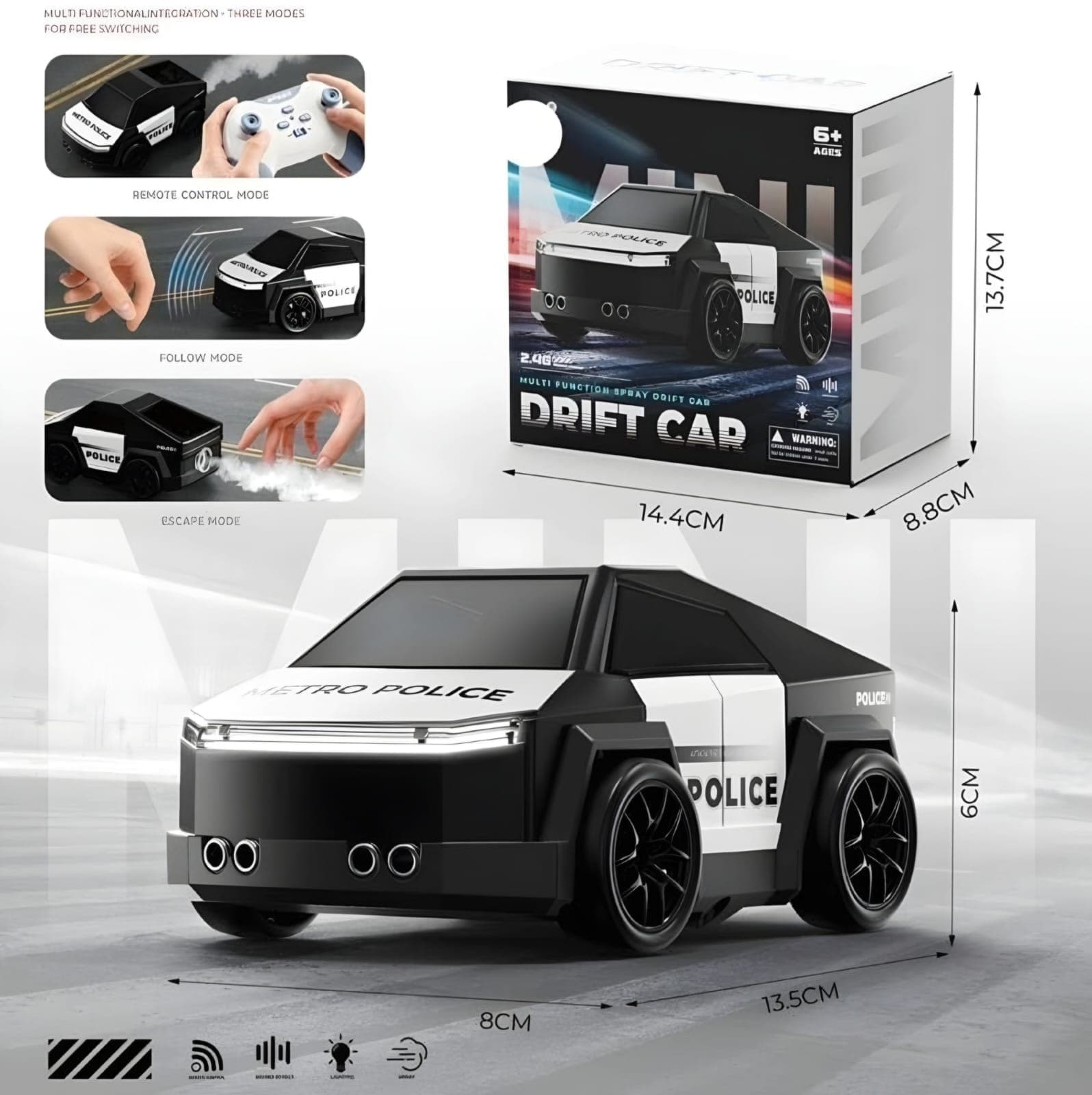 KIDOYZ Cyber Truck Style Smart Police RC Drift Car for Kids | 2.4GHz Remote Control Stunt Vehicle with Gesture Sensor, LED Lights, Smoke Spray Effect, Follow & Escape Modes (Rechargeable) — view 2