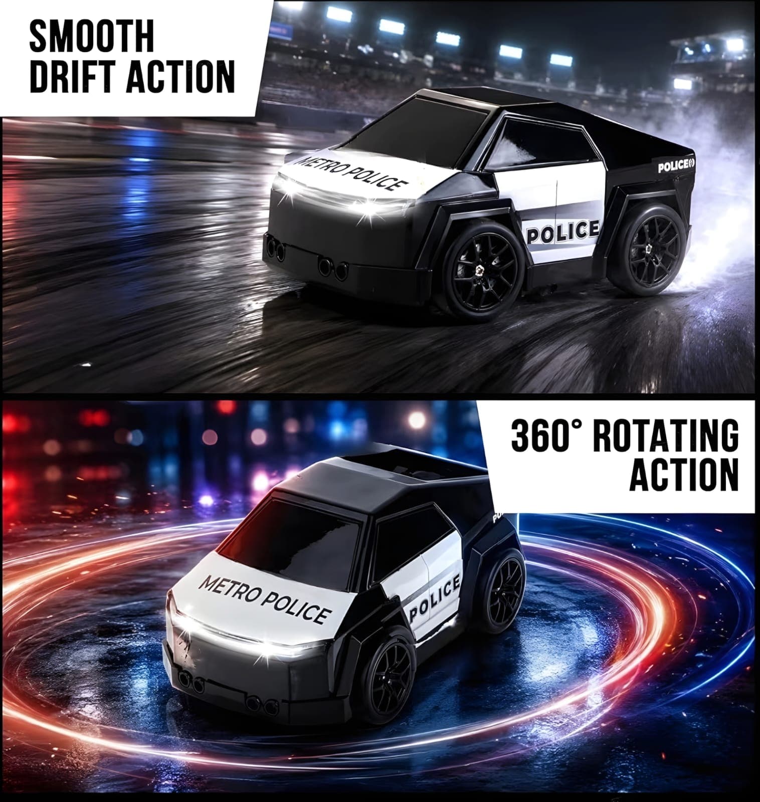 KIDOYZ Cyber Truck Style Smart Police RC Drift Car for Kids | 2.4GHz Remote Control Stunt Vehicle with Gesture Sensor, LED Lights, Smoke Spray Effect, Follow & Escape Modes (Rechargeable) — view 4