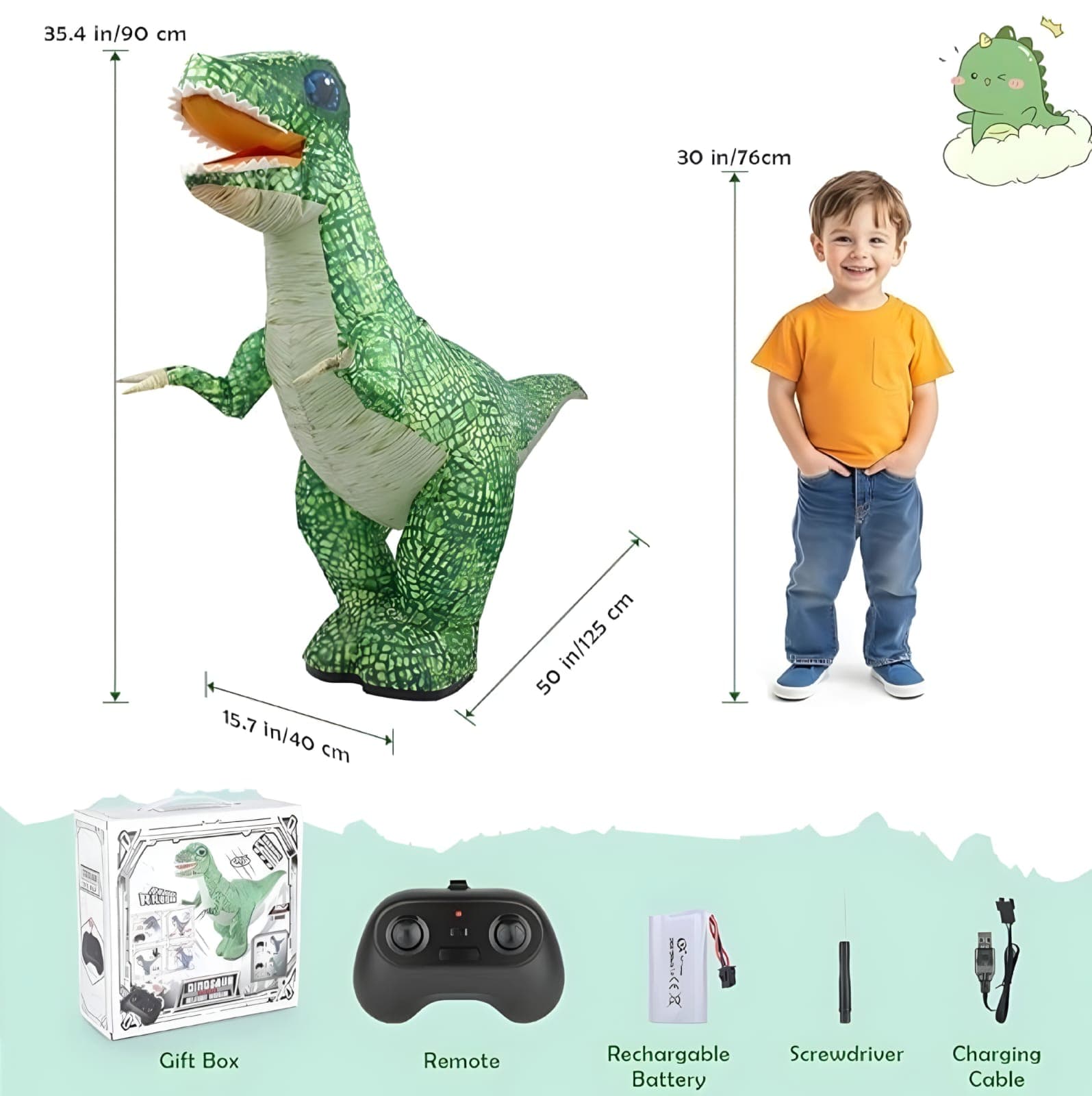 Kidoyz 90 CM Inflatable Remote Control Dinosaur Toy for Kids | Interactive Walking RC Dino with USB Rechargeable Battery | Giant Prehistoric Remote Control Toy for Boys, Girls & Indoor/Outdoor Play — view 3