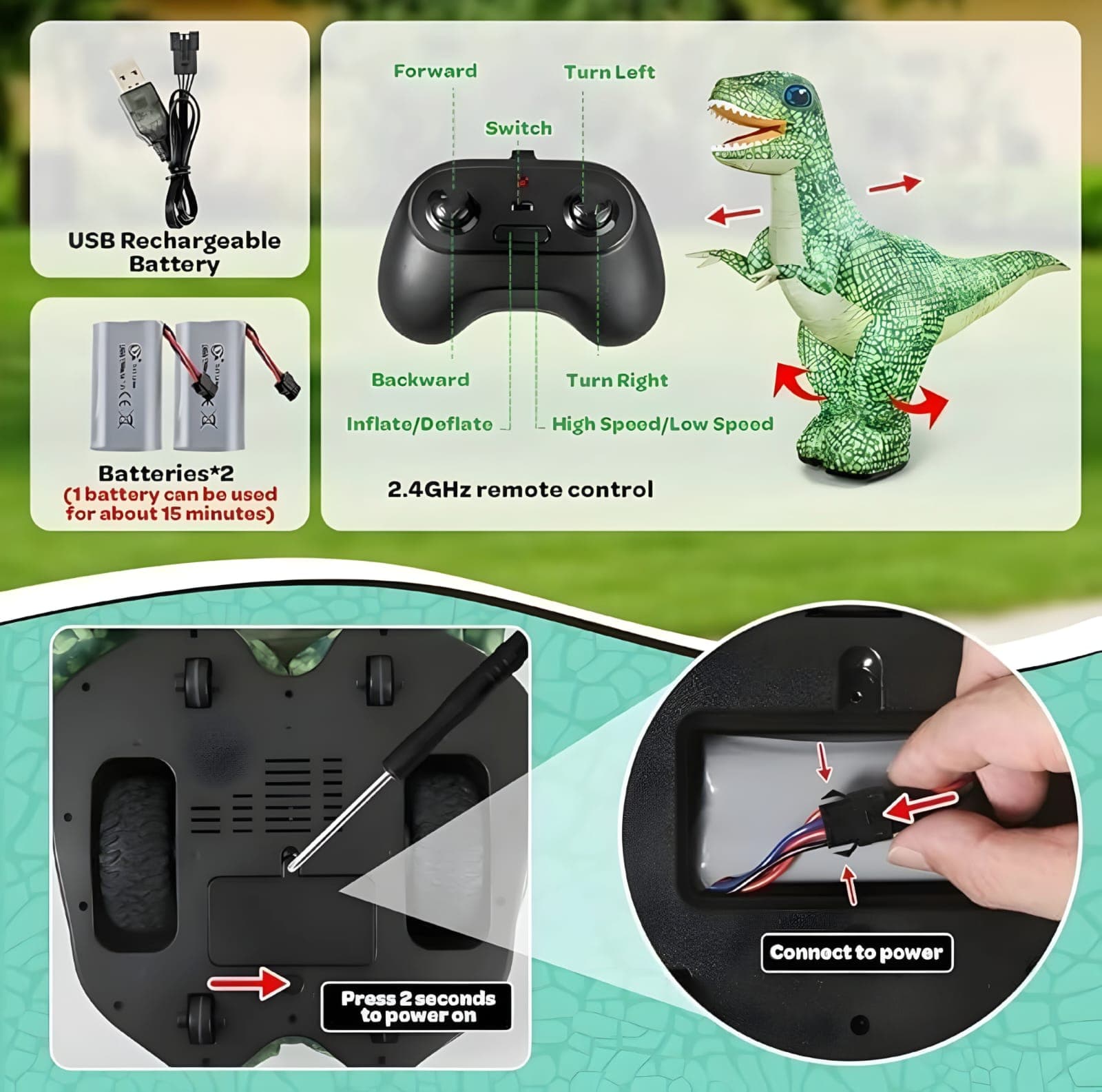 Kidoyz 90 CM Inflatable Remote Control Dinosaur Toy for Kids | Interactive Walking RC Dino with USB Rechargeable Battery | Giant Prehistoric Remote Control Toy for Boys, Girls & Indoor/Outdoor Play — view 7