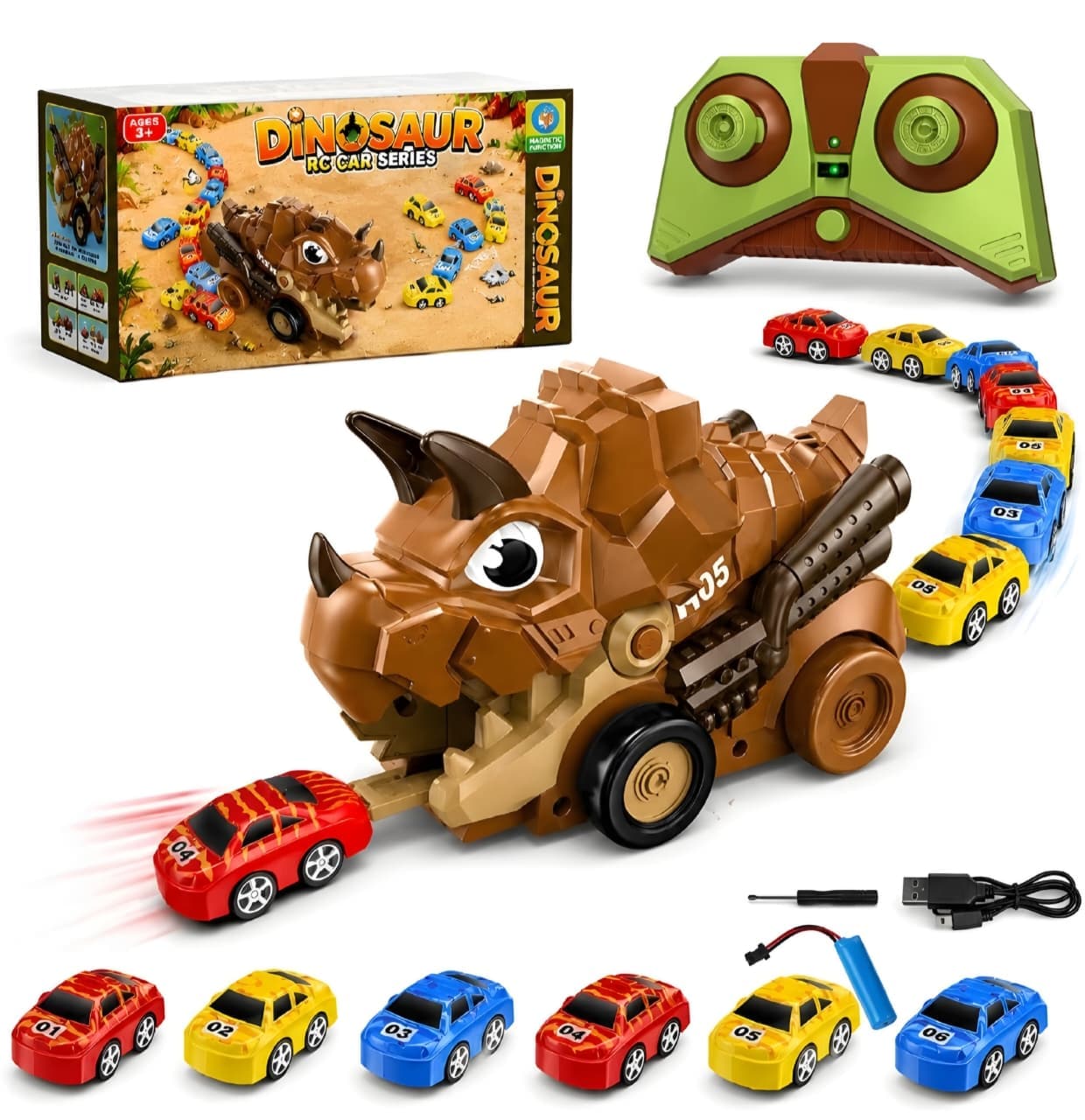 KIDOYZ RoarRover DinoXpress: 2.4GHz Remote Control T-Rex Car Carrier & Transporter with Magnetic Launcher + 6 Mini Racers (Age 3+)