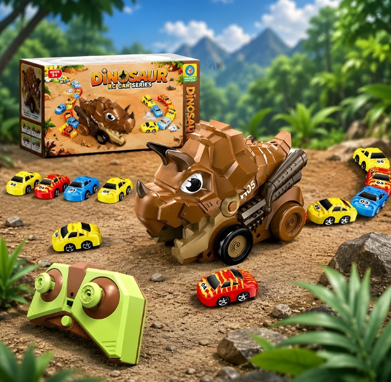 KIDOYZ RoarRover DinoXpress: 2.4GHz Remote Control T-Rex Car Carrier & Transporter with Magnetic Launcher + 6 Mini Racers (Age 3+) — view 4