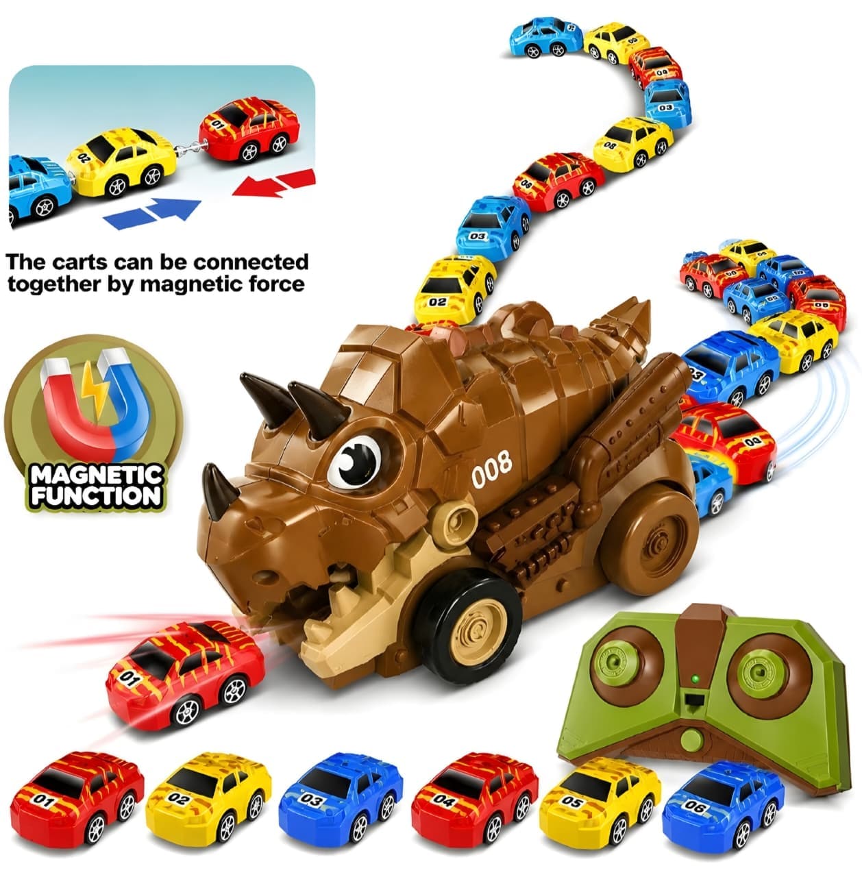 KIDOYZ RoarRover DinoXpress: 2.4GHz Remote Control T-Rex Car Carrier & Transporter with Magnetic Launcher + 6 Mini Racers (Age 3+) — view 6
