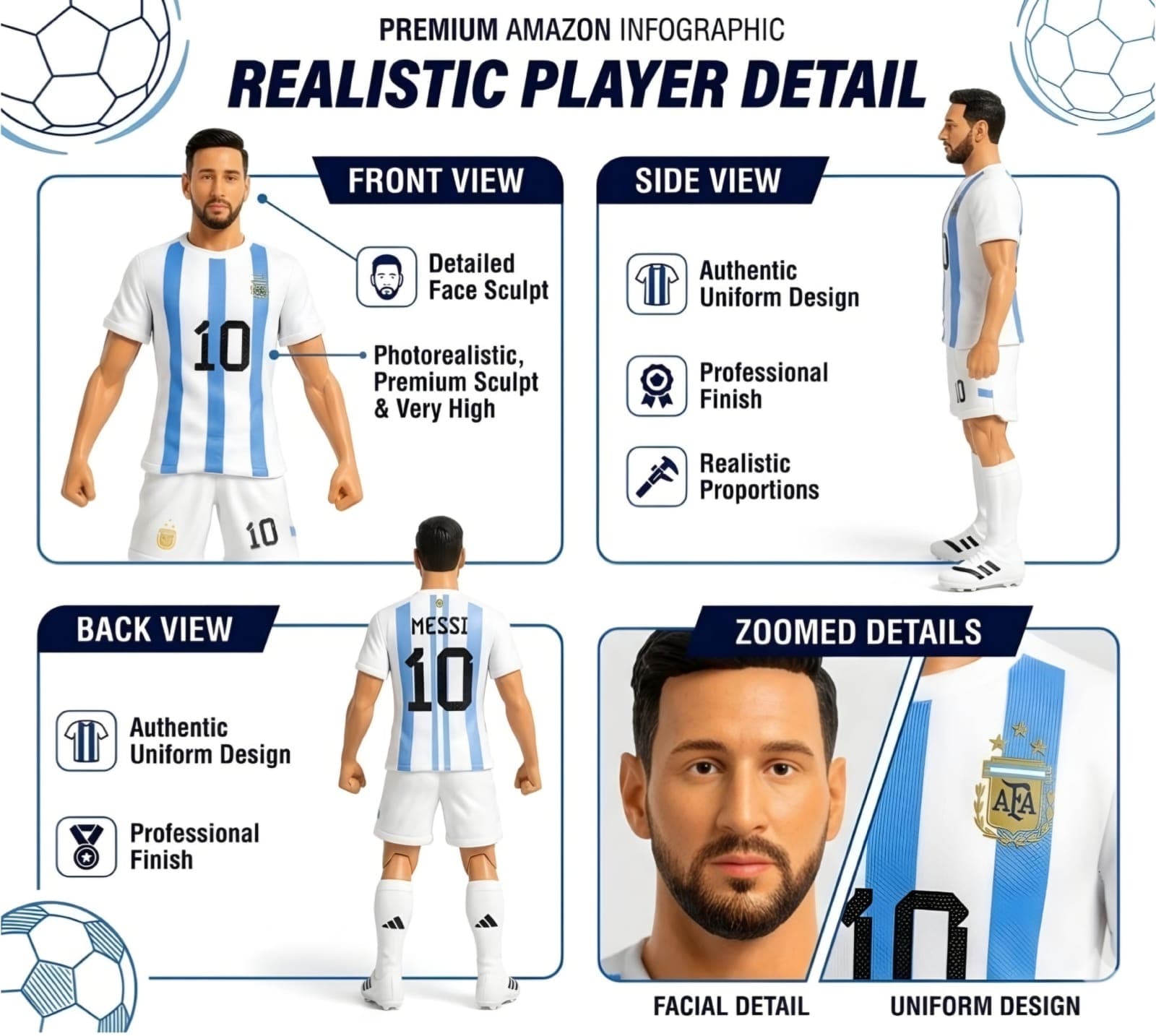 KIDOYZ Lionel Messi Action Figure Set – 22cm PVC Football Star Player Figurine with Ball & Display Base | Sports Collectible Model Toy & Room Decor — view 4