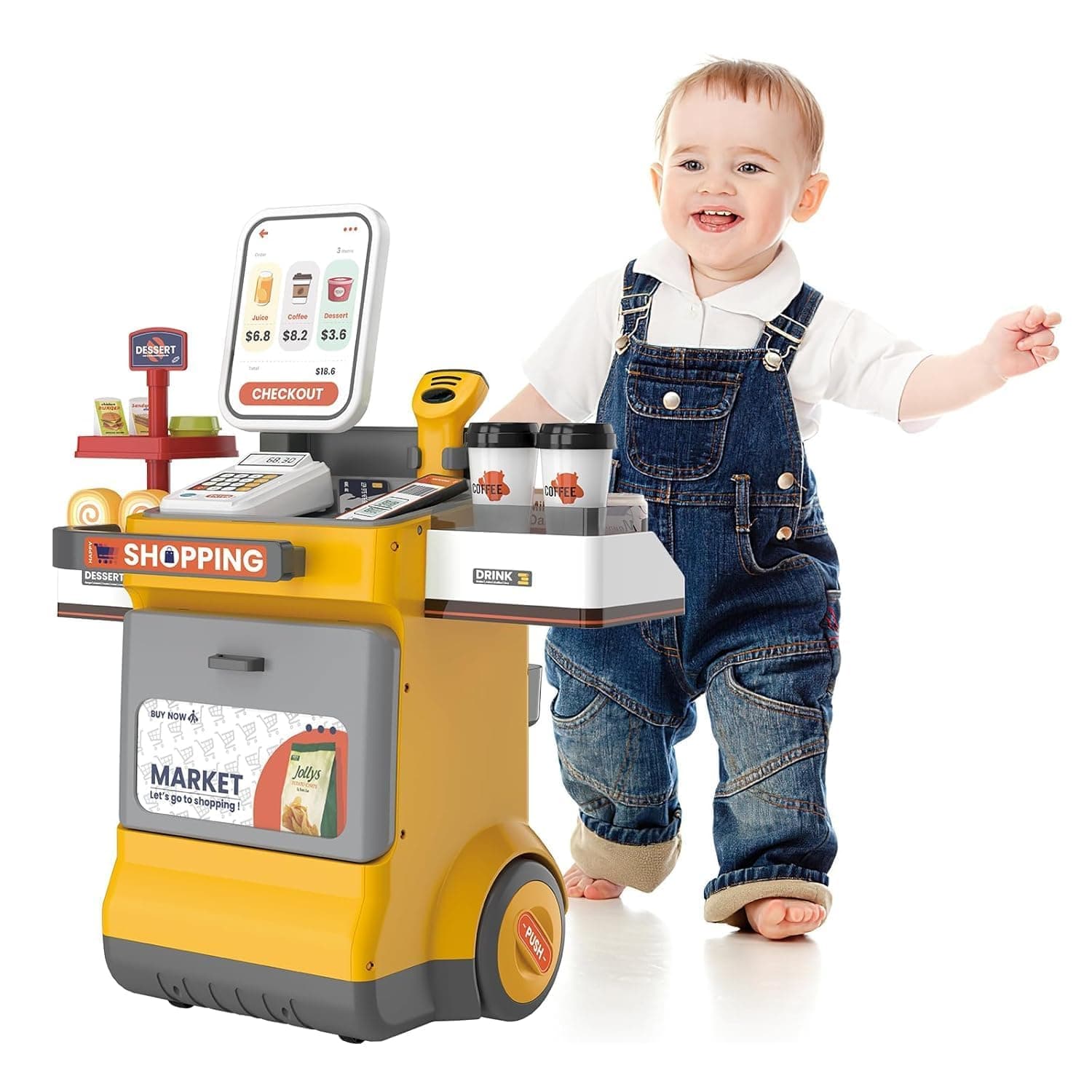 48PCS Cash Register Playset for Kids – Pretend Supermarket Toy with Scanner, Lights & Sounds, Grocery Shopping Game, Play Money & Food Accessories (Yellow)