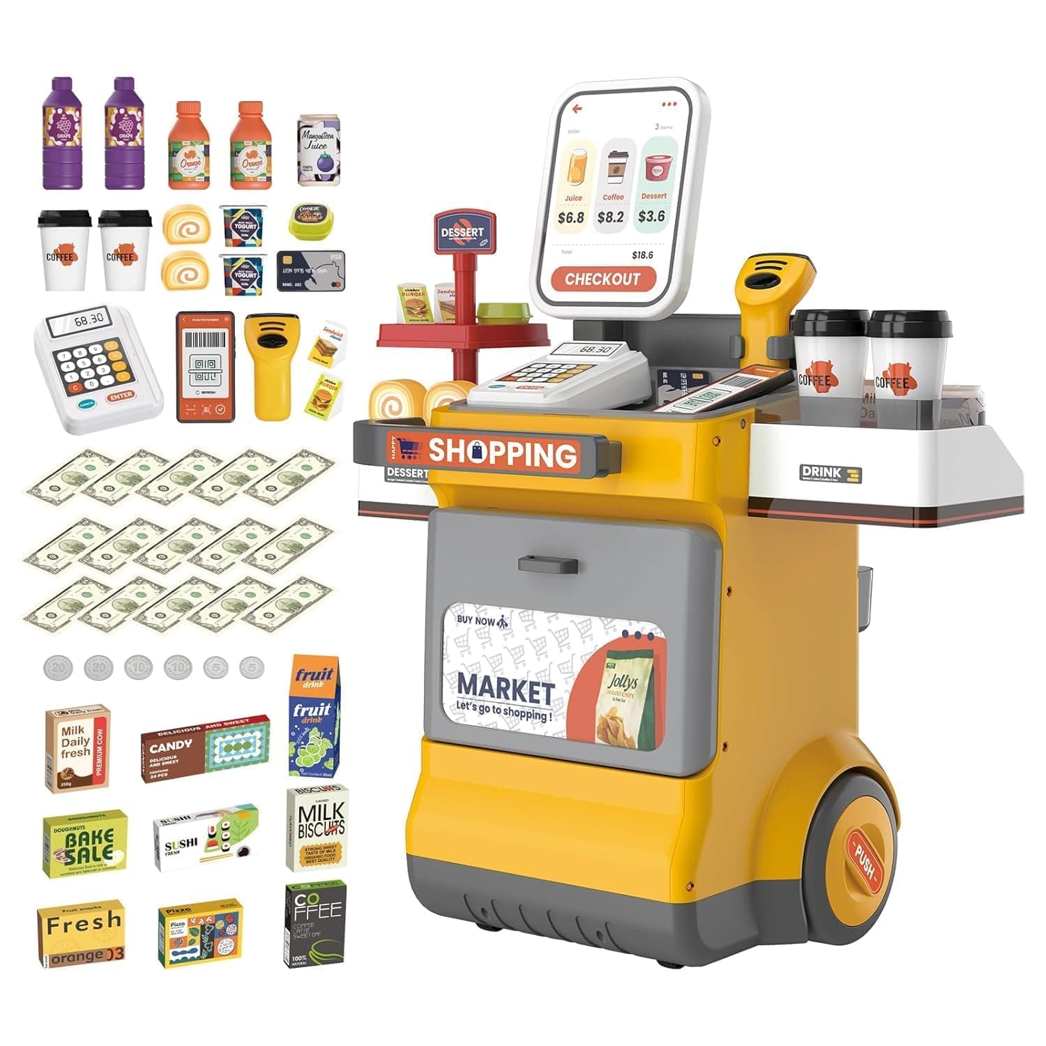 48PCS Cash Register Playset for Kids – Pretend Supermarket Toy with Scanner, Lights & Sounds, Grocery Shopping Game, Play Money & Food Accessories (Yellow) — view 3