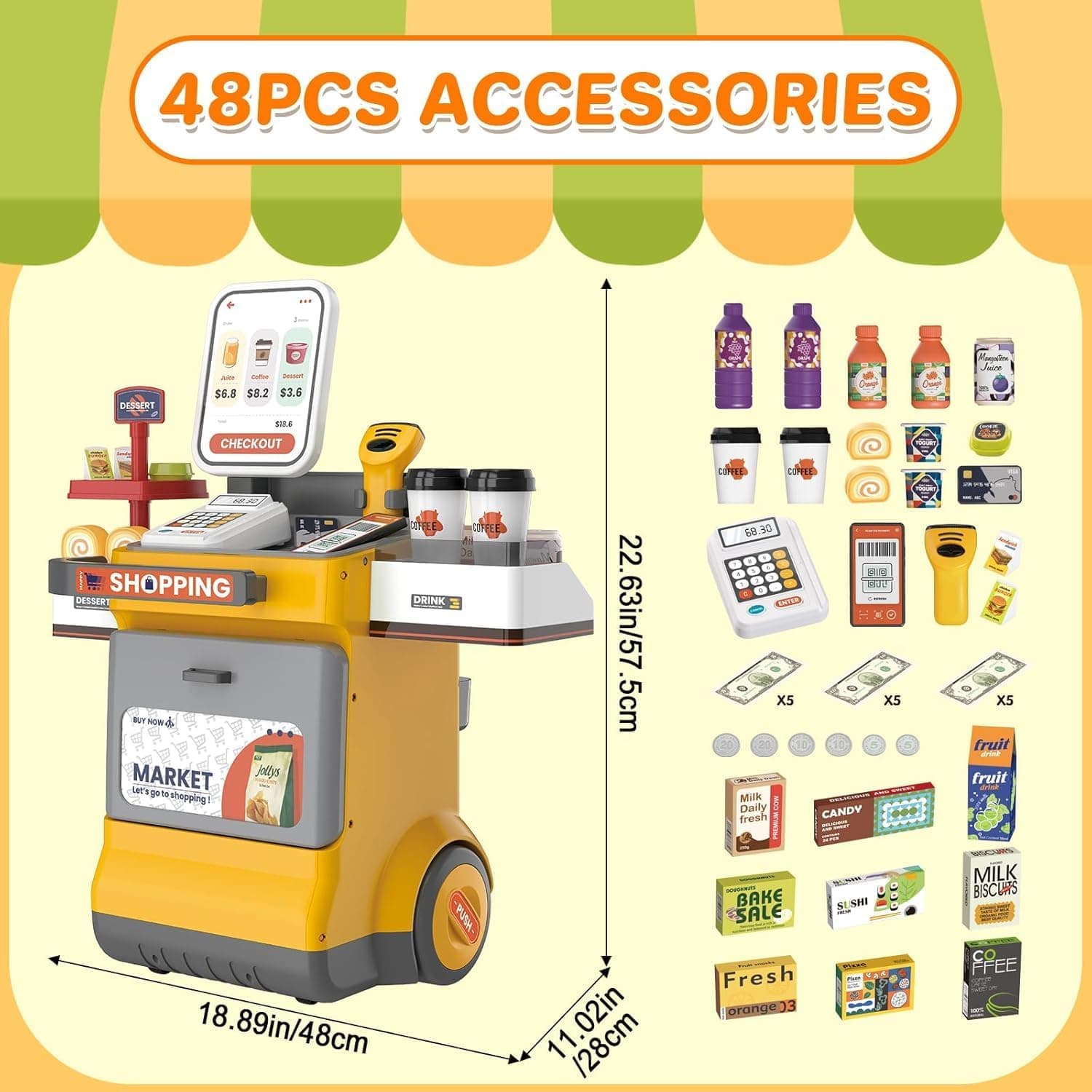 48PCS Cash Register Playset for Kids – Pretend Supermarket Toy with Scanner, Lights & Sounds, Grocery Shopping Game, Play Money & Food Accessories (Yellow) — view 5