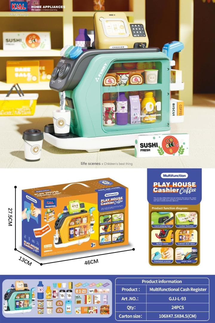 46-Piece Pretend Play Cash Register Toy Set,Grocery Store Pretend Play with Calculator, Scanners, Credit Cards, Grocery Game Food Set,Coffee Machine Toys — view 2