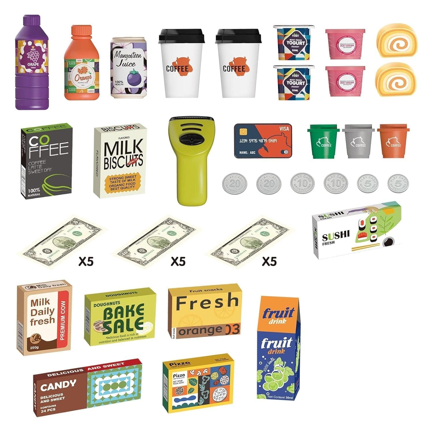 46-Piece Pretend Play Cash Register Toy Set,Grocery Store Pretend Play with Calculator, Scanners, Credit Cards, Grocery Game Food Set,Coffee Machine Toys — view 3