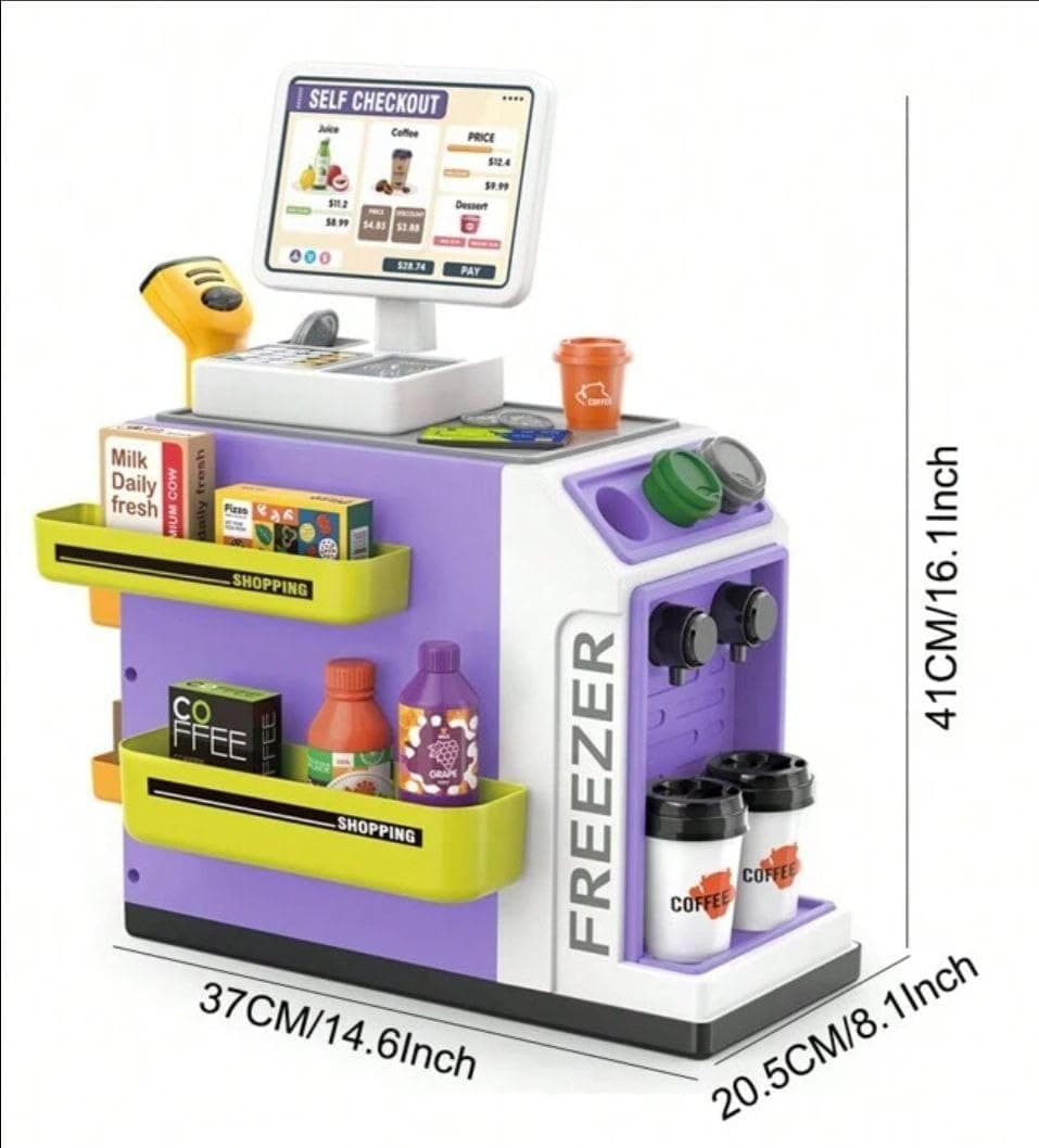 46-Piece Pretend Play Cash Register Toy Set,Grocery Store Pretend Play with Calculator, Scanners, Credit Cards, Grocery Game Food Set,Coffee Machine Toys — view 4
