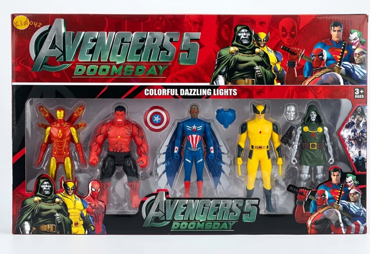 KIDOYZ Superhero Action Figure Set with LED Lights – 5-Piece Multiverse Hero & Villain Convertible Toy Playset for Kids (Ages 3+)