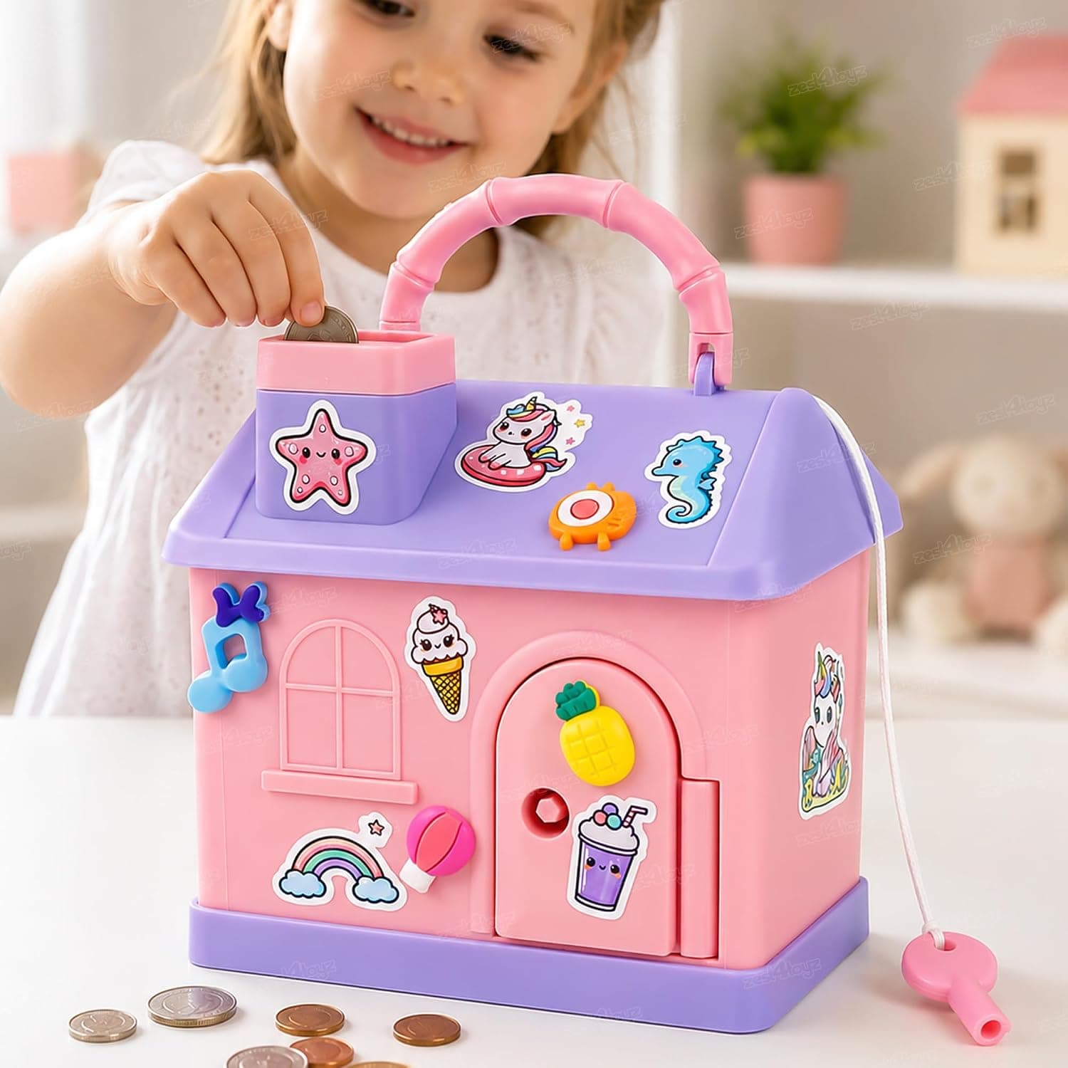 Kids Piggy Bank with Key and Stickers Mini House Design Lockable Money Bank Portable Money Saving Box for Children Cute Design - Multi Color — view 2