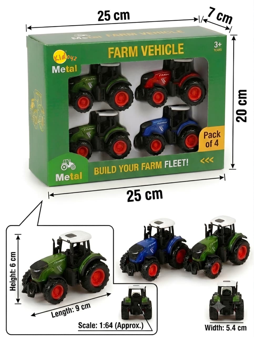 KIDOYZ Pack of 4 Die-Cast Metal Farm Tractor Fleet Playset – Realistic Miniature Pull-Back Farming Vehicles Toy for Kids (Ages 3+) — view 3