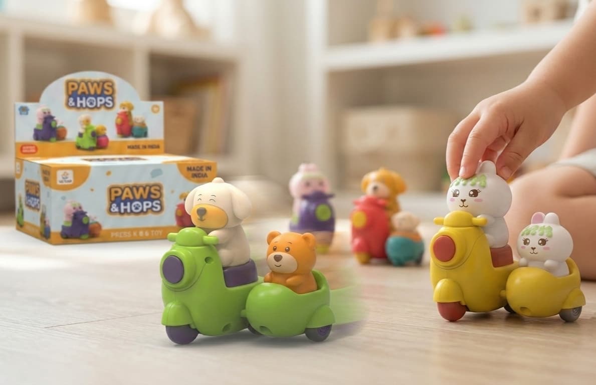 KIDOYZ Paws & Hops Press & Go Animal Scooter Playset (Set of 4) – Cute Push & Go Dog, Cat & Bear Bike Vehicles with Sidecar for Toddlers & Kids — view 3