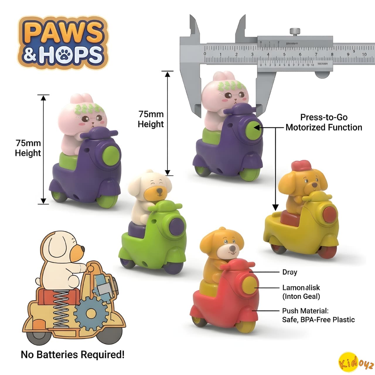KIDOYZ Paws & Hops Press & Go Animal Scooter Playset (Set of 4) – Cute Push & Go Dog, Cat & Bear Bike Vehicles with Sidecar for Toddlers & Kids — view 4