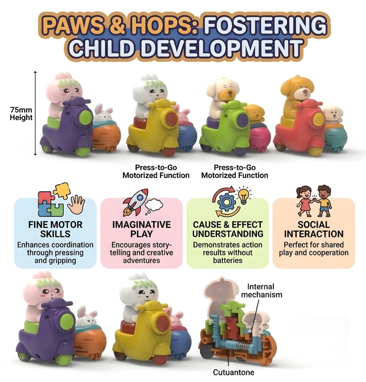 KIDOYZ Paws & Hops Press & Go Animal Scooter Playset (Set of 4) – Cute Push & Go Dog, Cat & Bear Bike Vehicles with Sidecar for Toddlers & Kids — view 6
