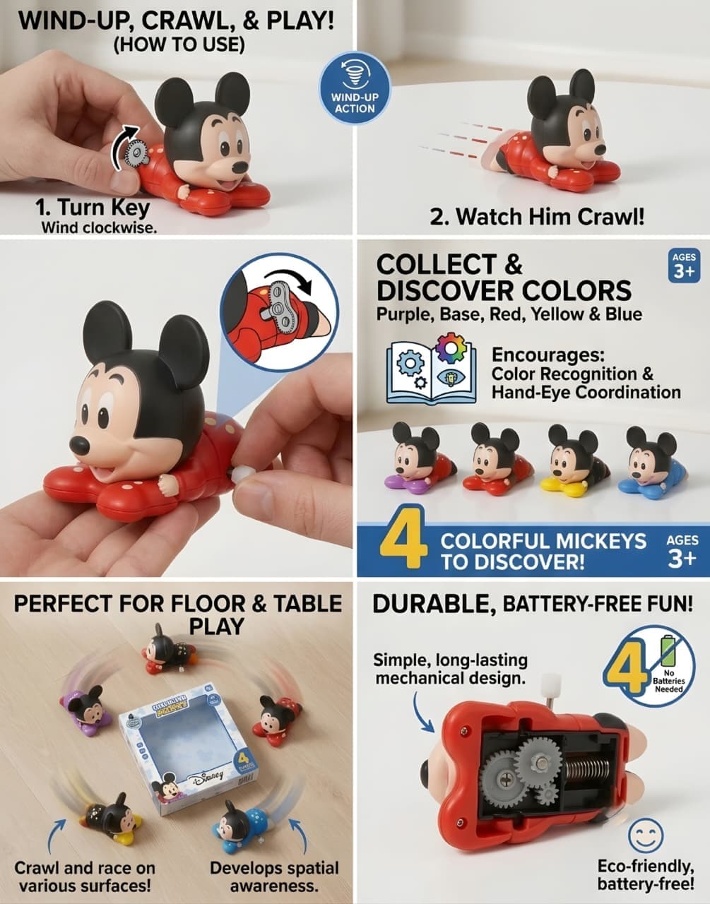 KIDOYZ 4-Pack Wind-Up Crawling Cartoon Mickey Mouse Toy Playset – Battery-Free Mechanical Crawling Character Figures for Toddlers & Kids (Ages 3+) — view 5