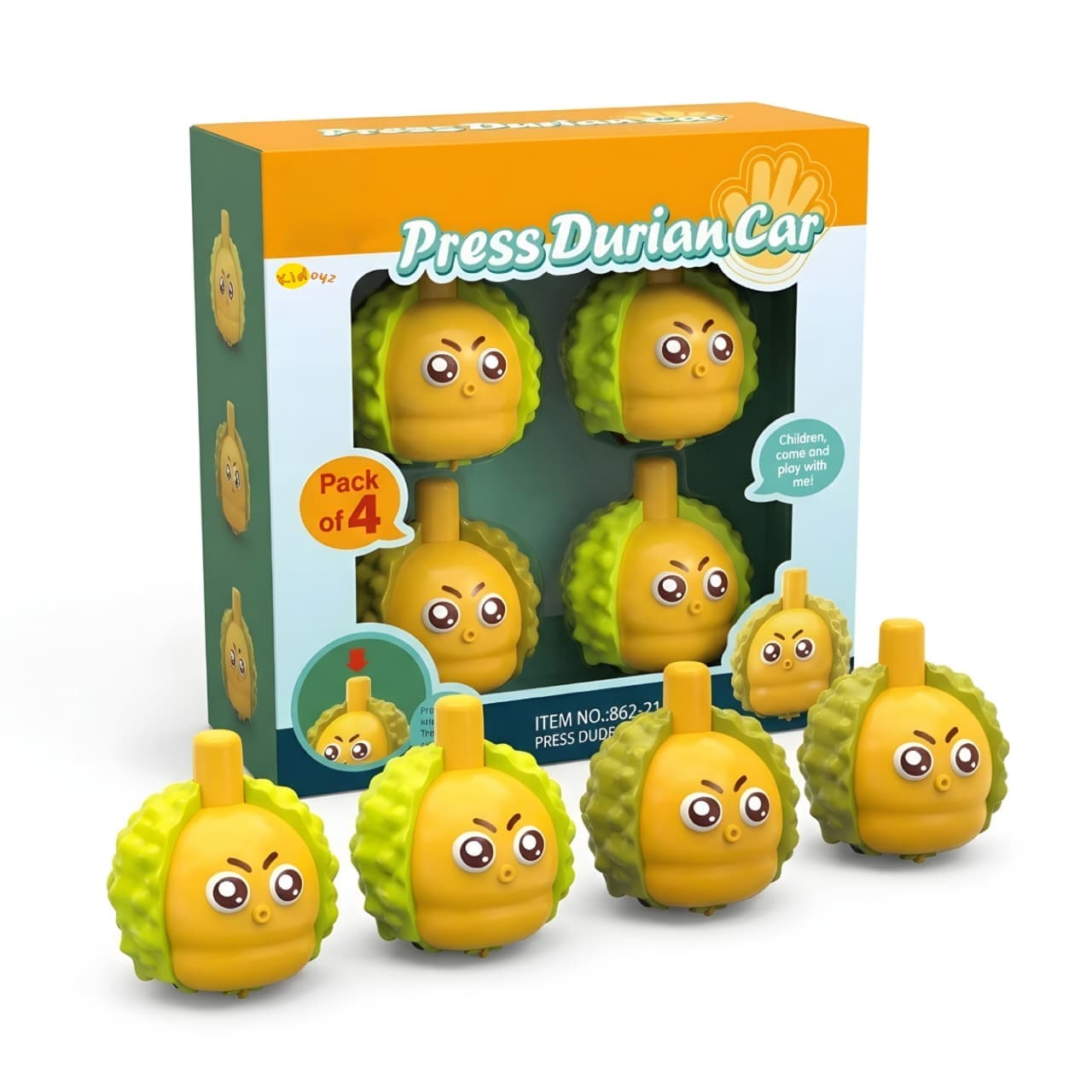 KIDOYZ Press Durian Fruit Car Playset (Pack of 4) – Friction Powered Push & Go Cartoon Expression Vehicle Toys for Toddlers & Kids (Ages 3+)