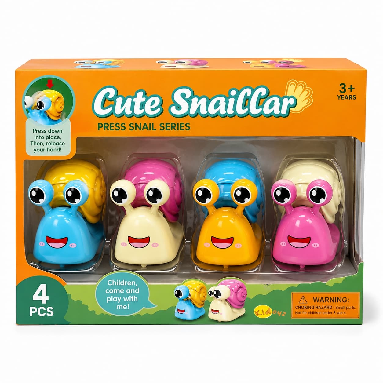KIDOYZ Cute Snail Car Press & Go Playset (Pack of 4) – Friction Powered Crawling Snail Vehicle Toys for Toddlers & Kids (Ages 3+)