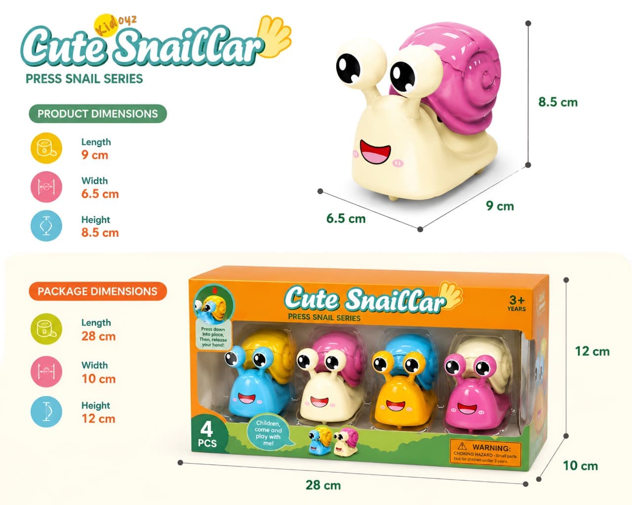 KIDOYZ Cute Snail Car Press & Go Playset (Pack of 4) – Friction Powered Crawling Snail Vehicle Toys for Toddlers & Kids (Ages 3+) — view 2