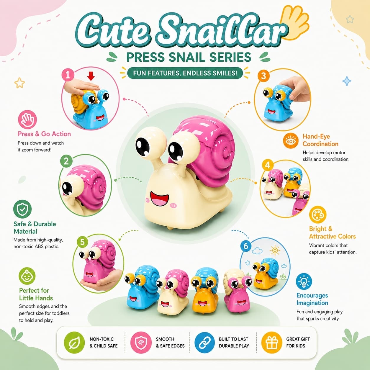 KIDOYZ Cute Snail Car Press & Go Playset (Pack of 4) – Friction Powered Crawling Snail Vehicle Toys for Toddlers & Kids (Ages 3+) — view 3
