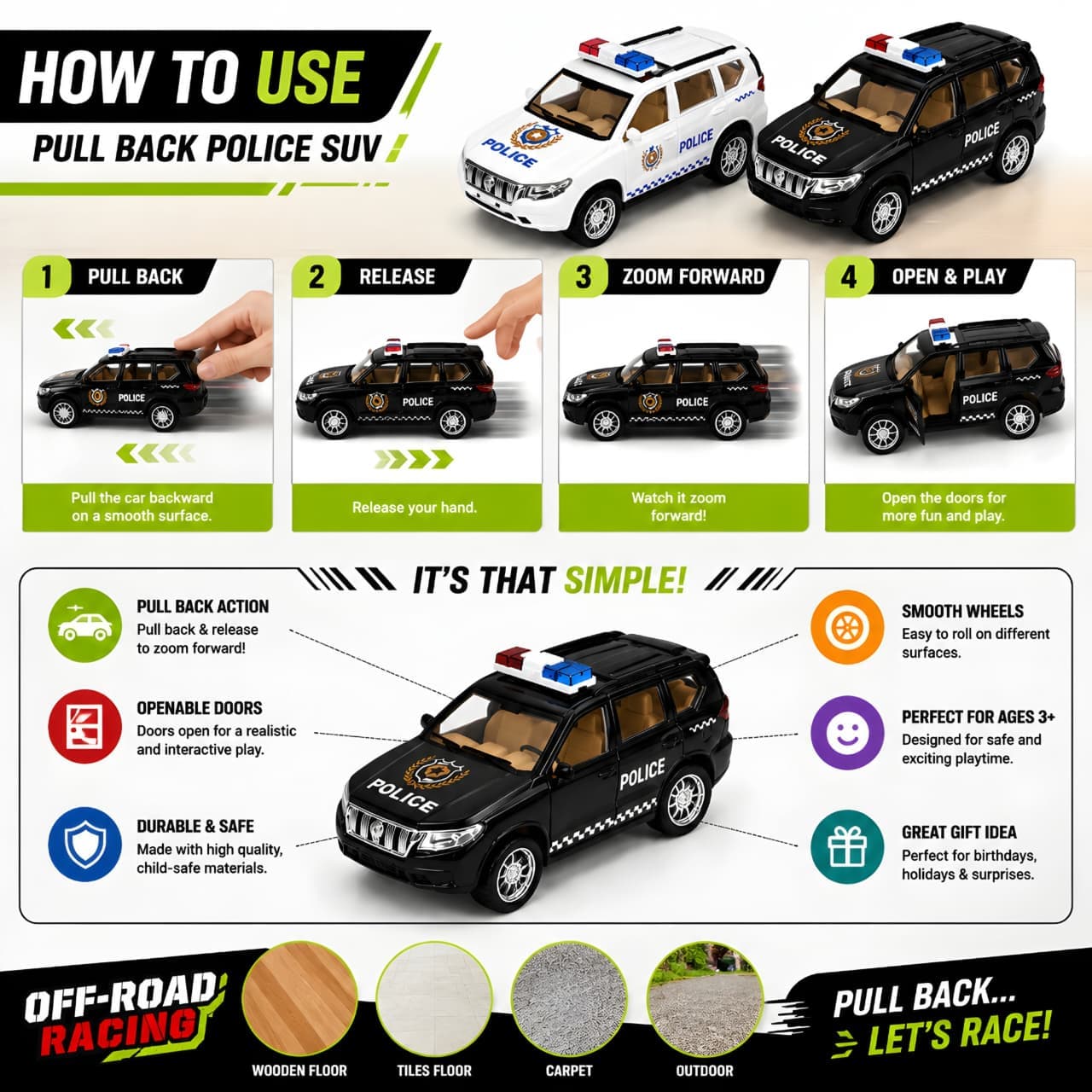 KIDOYZ 1:32 Scale Off-Road Police SUV Playset (Pack of 4) – Pull Back Friction Powered High Performance Police Patrol Cars with Openable Doors for Kids (Ages 3+) — view 5