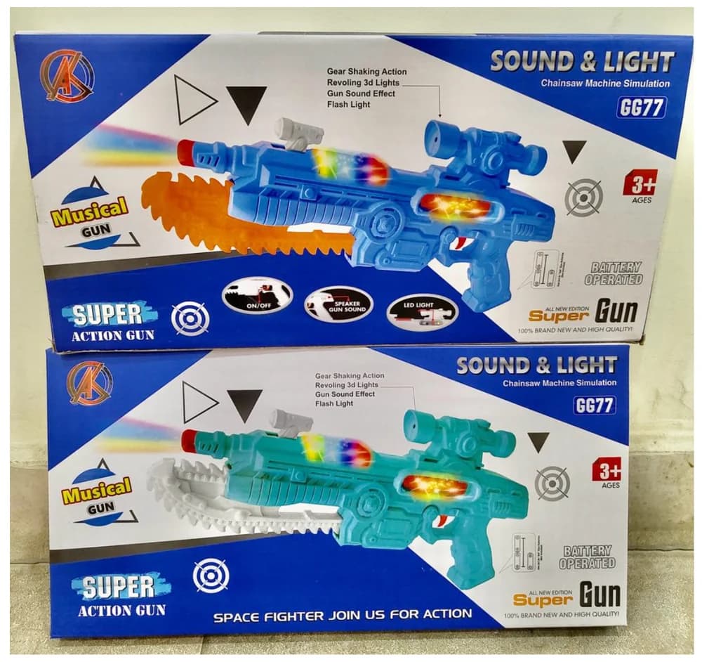 Super Action Toy Gun with Rotating Gear & 3D Lights, Sound & Music Effects, Flashing LED Light, Battery Operated Musical Blaster Toy for Kids, Boys & Girls Age 3+
