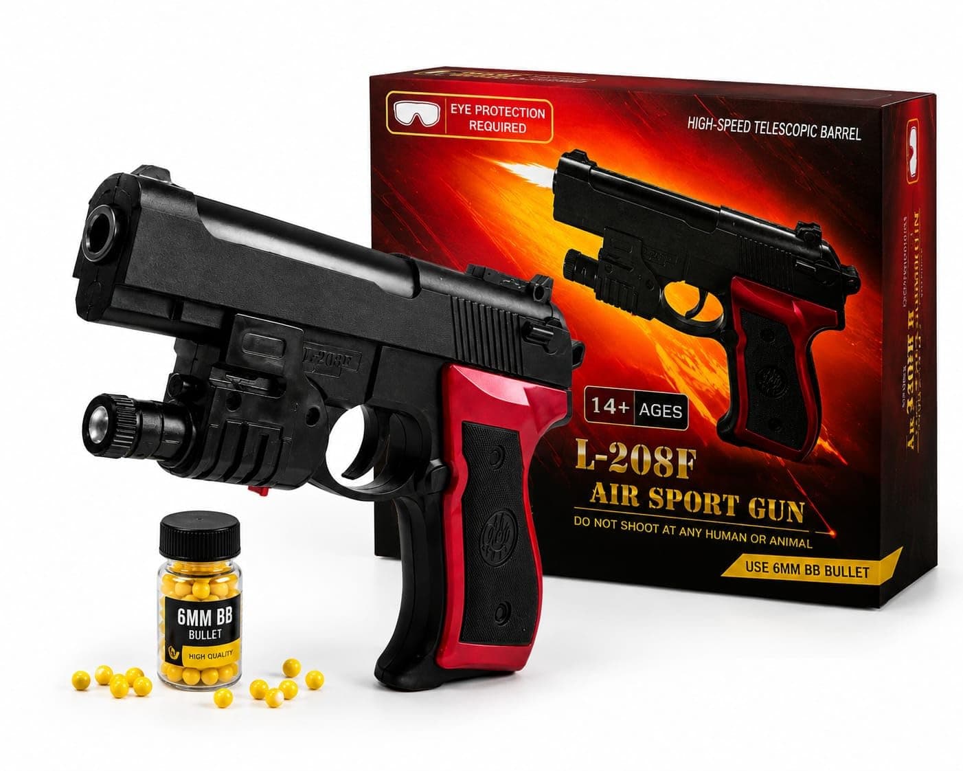 Ultrabox Trends L-208F 6mm BB Airsoft Toy Pistol with Tactical Flashlight Attachment, Spring Powered, Includes 100 BB Pellets (Pack of 1)