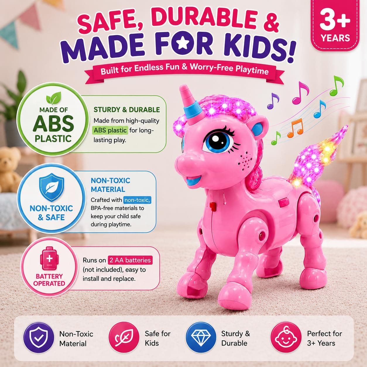 Pink Unicorn Walking Toy for Kids 3+ Years | Battery Operated Musical Unicorn with LED Flashing Lights, Automatic Walking Action, Sound Effects — view 3
