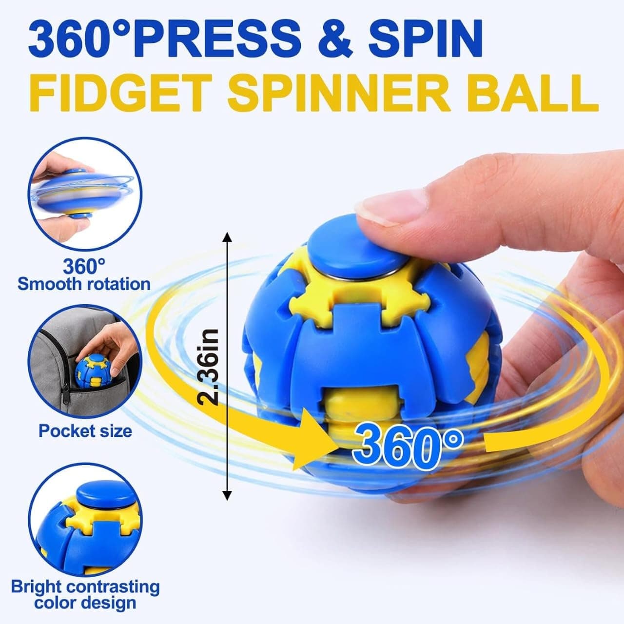 Kidoyz 2 Pack Press to Spin Fidget Ball, 360° Rotating Fidget Spinner Ball, Quiet Sensory Stress Relief Toy for Adults, Kids, Teens, Students, Office Desk, ADHD, Autism, Anxiety Relief, Portable Pocket Size — view 3