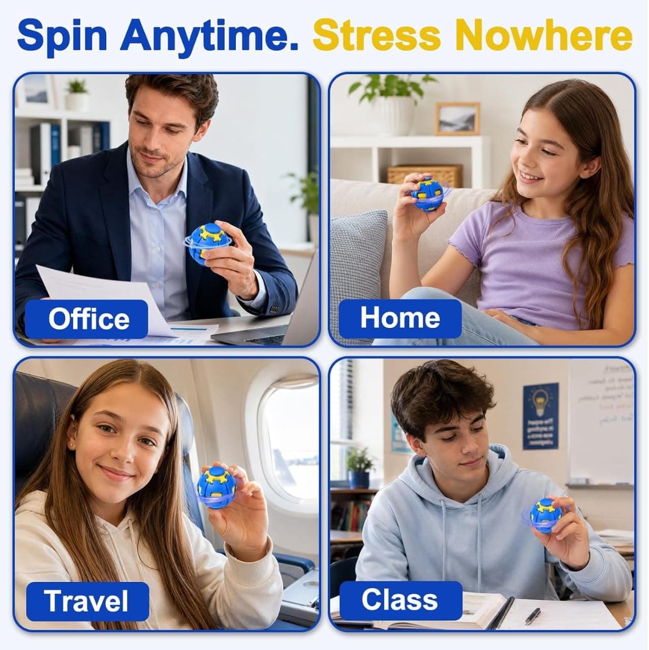 Kidoyz 2 Pack Press to Spin Fidget Ball, 360° Rotating Fidget Spinner Ball, Quiet Sensory Stress Relief Toy for Adults, Kids, Teens, Students, Office Desk, ADHD, Autism, Anxiety Relief, Portable Pocket Size — view 4