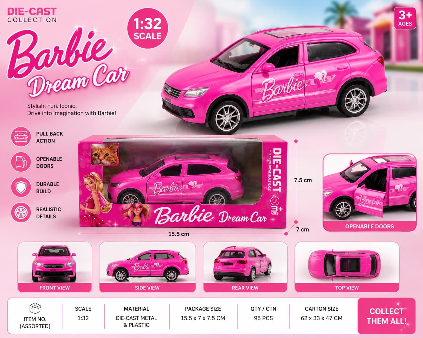 Kidoyz 1:32 Scale Barbie Dream Car - Die Cast Toy Car