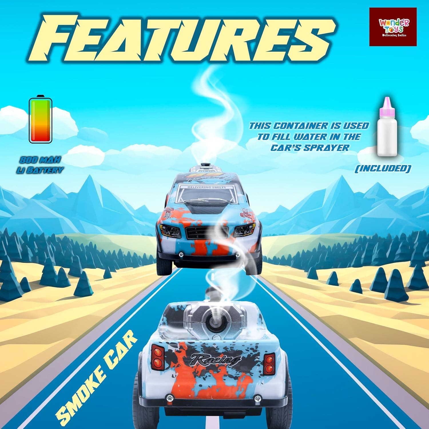 Wonder Off Road Chase Rc Car | Smoke Function | Abs Plastic Body | Rubber Tyres 45 Degree Climbing Rechargeable Battery Type C Charging — view 2