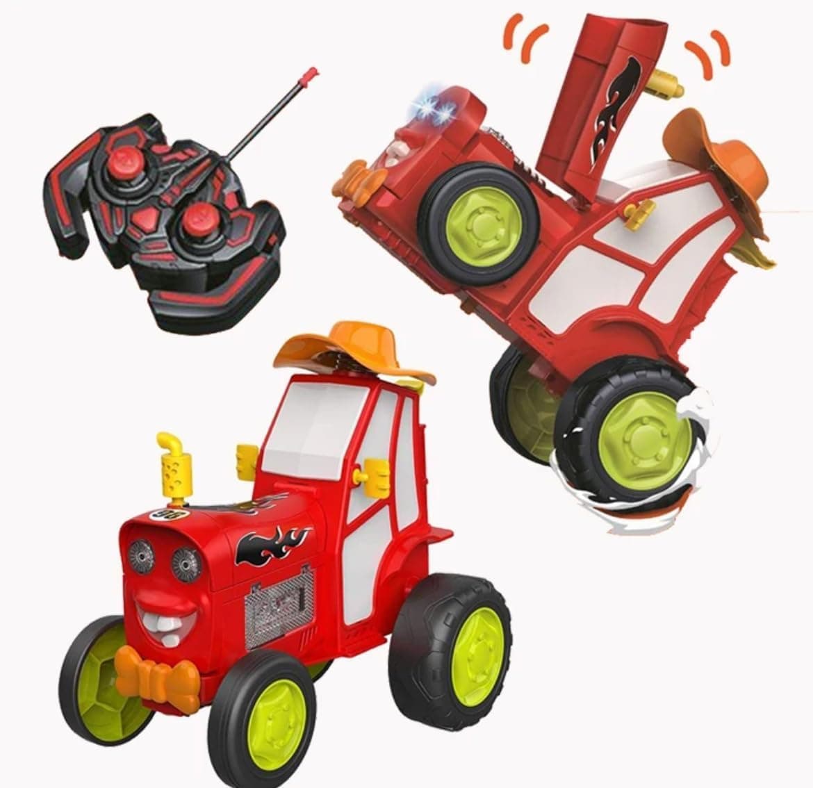 Kidoyz RC Stunt Tractor Toy for Kids | Red Remote-Controlled Agricultural Vehicle with LED Lights | 360° Stunt & Rotating Action — view 3