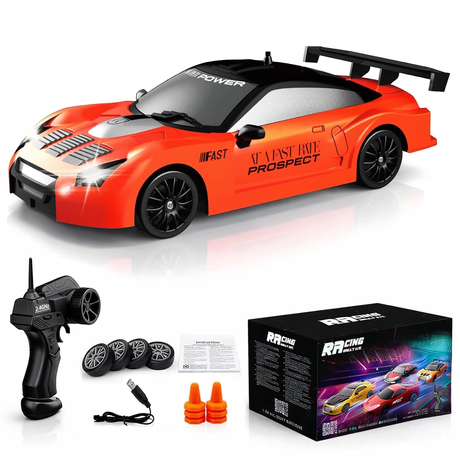 Kiodyz RC Drift Car 2.4GHz 1:24 Scale 4WD High Speed Remote Control Car with LED Lights and Drifting Tires for Adults