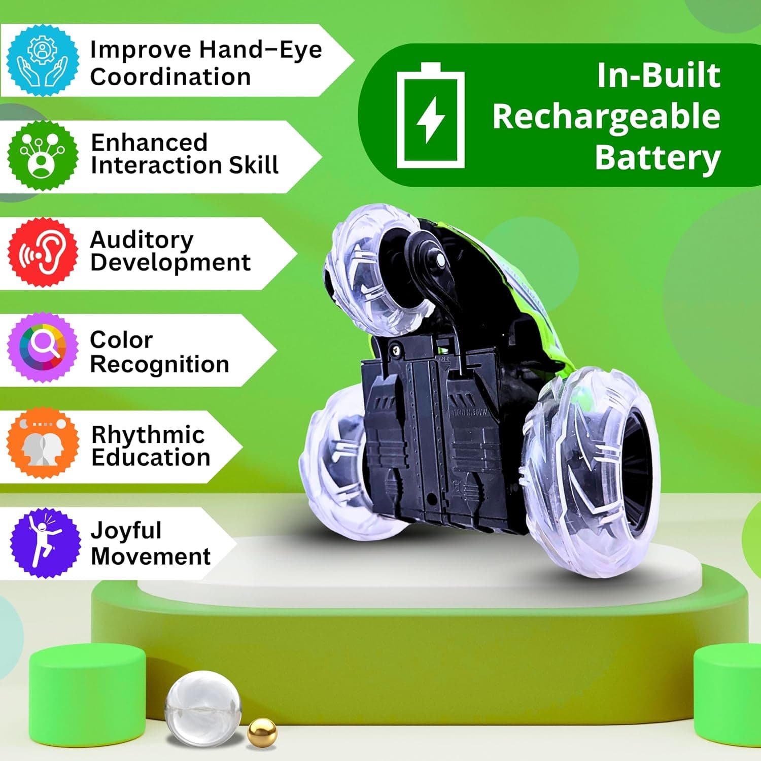 Kidoyz Rechargeable Stunt Car Toy for Kids with Tornado Rotation, Reverse Drive Function, Demo Mode, Lighting Effect & Music - Random Color — view 4