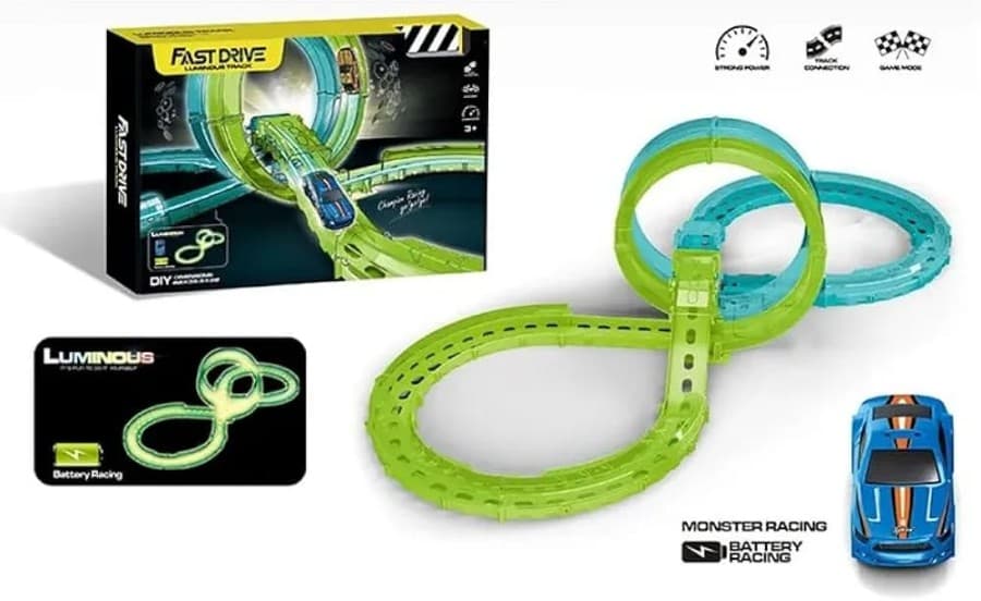 Kidoyz Glow in the Dark Dual Loop Racing Track Set with Toy Car | Light-Up Action Circuit Race Track | Creative Racing Toy for Kids | Fun Indoor Play Activity & Gift for Boys & Girls — view 3